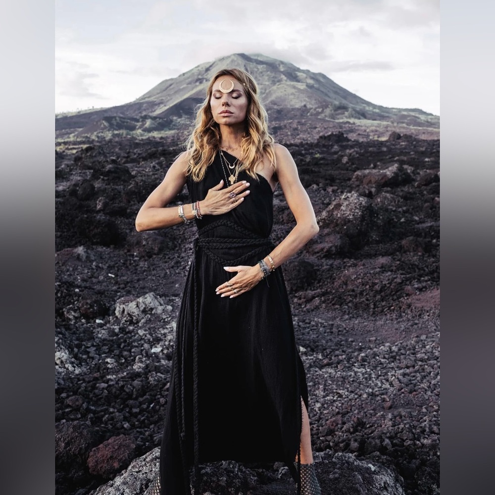 AYA Sacred Wear Boho One Shoulder Dress Black Organic